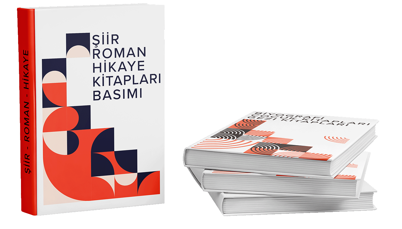 Şiir, roman ve hikaye kitapları basımı: ayakta duran bir kitap ve yanında üst üste dizilmiş kitaplar.